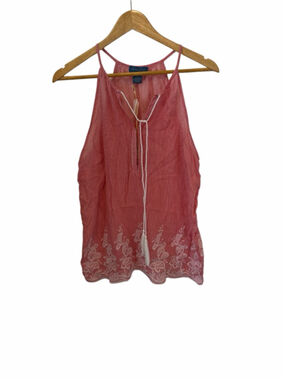 Antibes Blanc Red White Striped Boho Tank Top Tassel Embroidered M